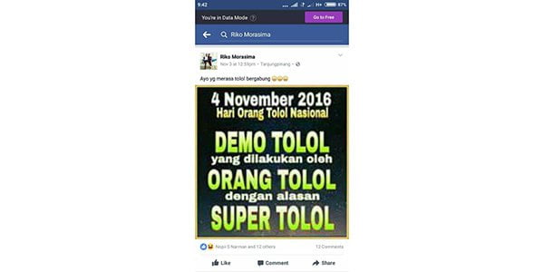 Akun FB Riko Morasima “HINA AKSI DAMAI 4 NOVEMBER”