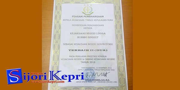 Kejari Lingga “TERIMA PENGHARGAAN TERBAIK ke 2 Se-KEPRI”