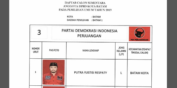 Daftar Calon Sementara “DPRD KOTA BATAM” dari Partai PDI-P