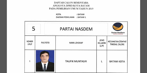 Daftar Calon Sementara “DPRD KOTA BATAM” dari Partai NASDEM
