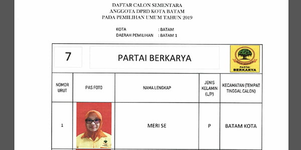 Daftar Calon Sementara “DPRD KOTA BATAM” dari Partai BERKARYA