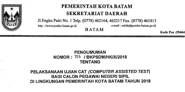 Jadwal Pelaksanaan Ujian CAT “BAGI CPNS BATAM”