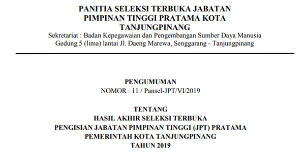 Ini Hasil Akhir Open Bidding Pemko Tanjungpinang