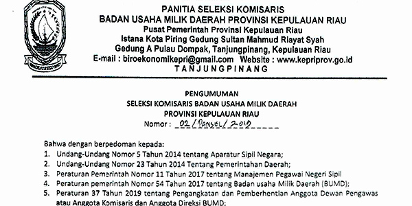 Pengumuman Seleksi Komisaris BUMD Provinsi Kepri