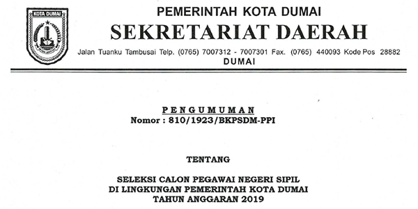 Informasi Penerimaan CPNS Pemerintah Kota Dumai 2019