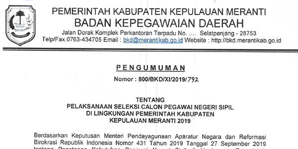 Info Penerimaan CPNS Pemkab Meranti Tahun 2019