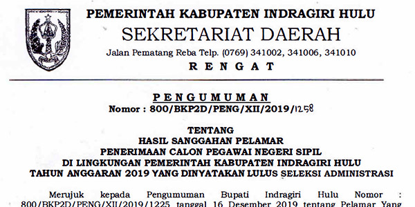 Pengumuman Hasil Sanggahan Seleksi Administrasi CPNS Pemkab INHU
