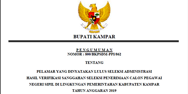Pengumuman Hasil Sanggahan Seleksi Administrasi CPNS Pemkab Kampar