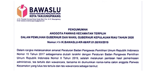 Bawaslu Tanjungpinang Umumkan 12 Anggota Panwascam Yang Lulus Seleksi