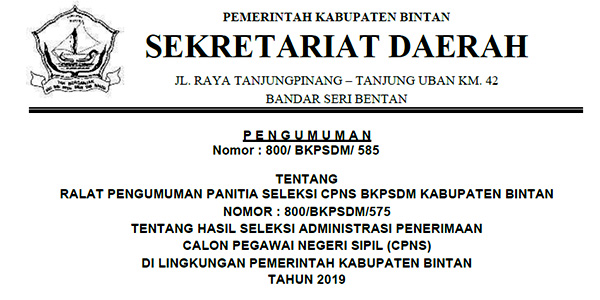 Ralat Tanggal Pengumuman Hasil Sanggah CPNS Bintan