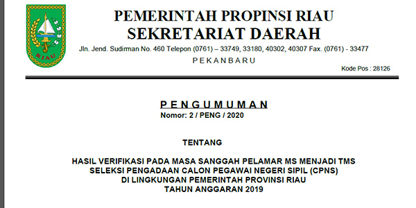 Pengumuman Hasil Verifikasi Masa Sanggah Pelamar MS Menjadi TMS di Pemprov Riau