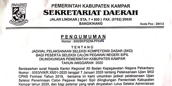 Pengumuman Jadwal SKD CPNS Kabupaten Kampar