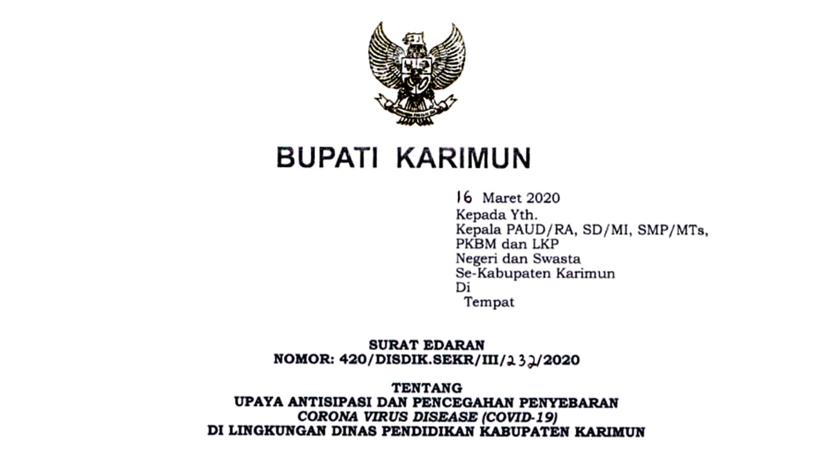 Surat Edaran Bupati Karimun Kepada Kepala Sekolah Negeri dan Swasta