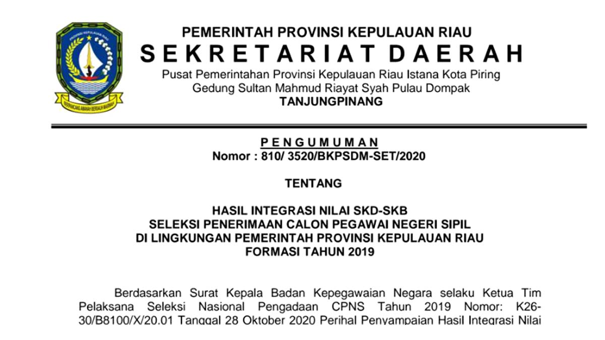Pengumuman Lulus Seleksi Penerimaan CPNS Provinsi Kepri