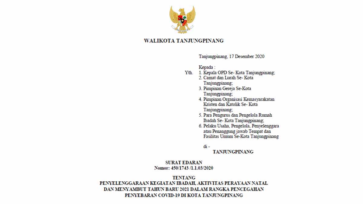 Surat Edaran Wali Kota Tanjung Pinang No 450/1743/1.1.03/2020