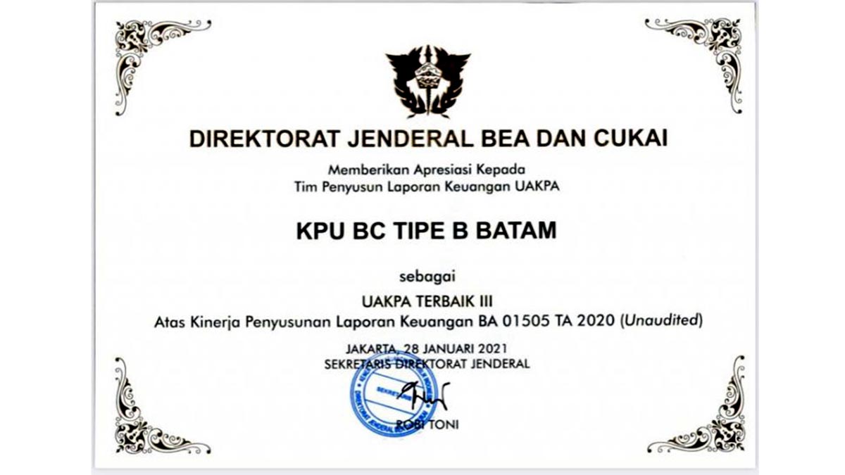 Bea Cukai Batam Terbaik Ke 3 Penyusunan Laporan Keuangan Tingkat DJBC Se-Indonesia