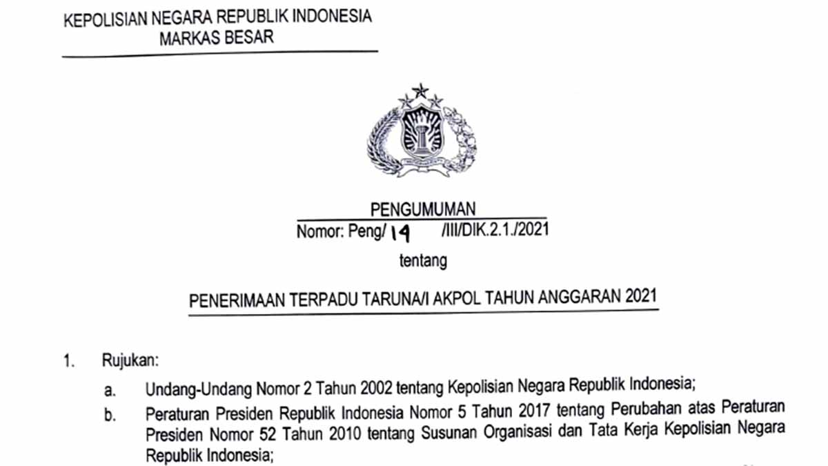 Pengumuman Penerimaan Taruna AKPOL 2021 (PDF)