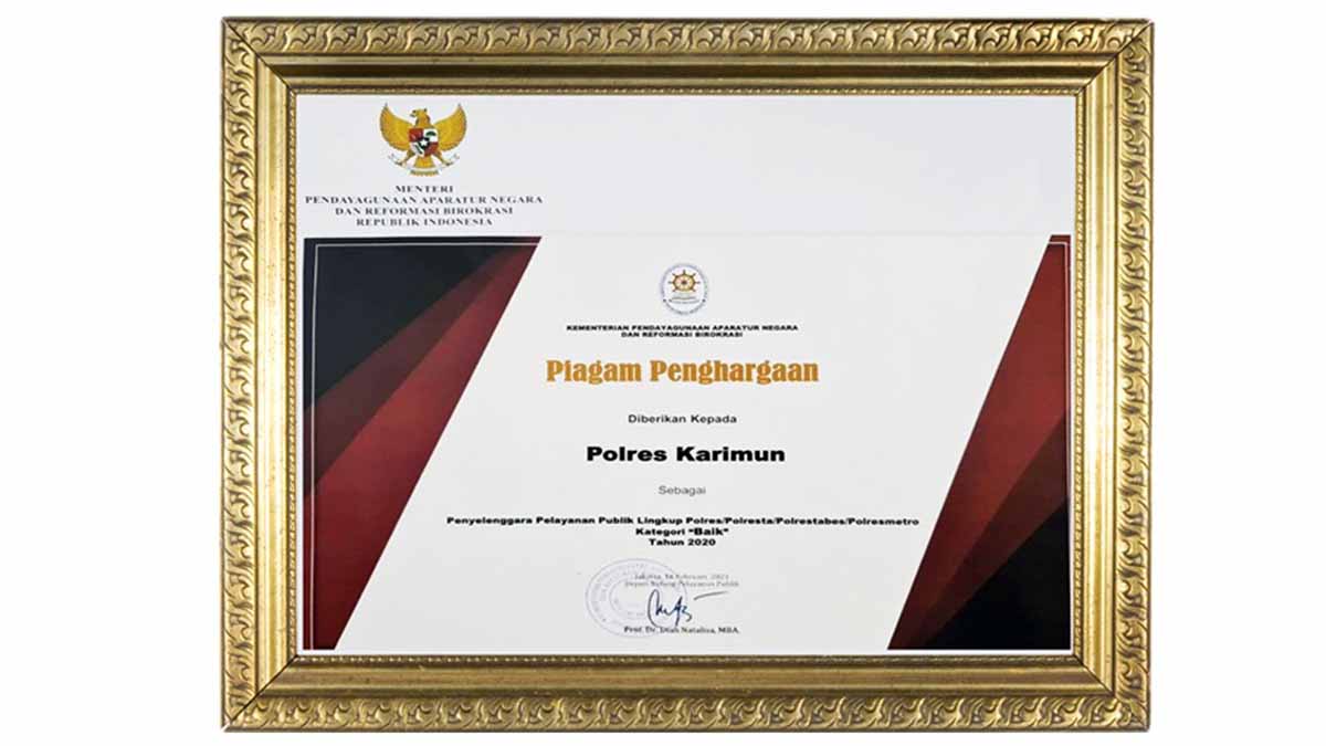 Polres Karimun Terima Penghargaan dari Kemenpan RB