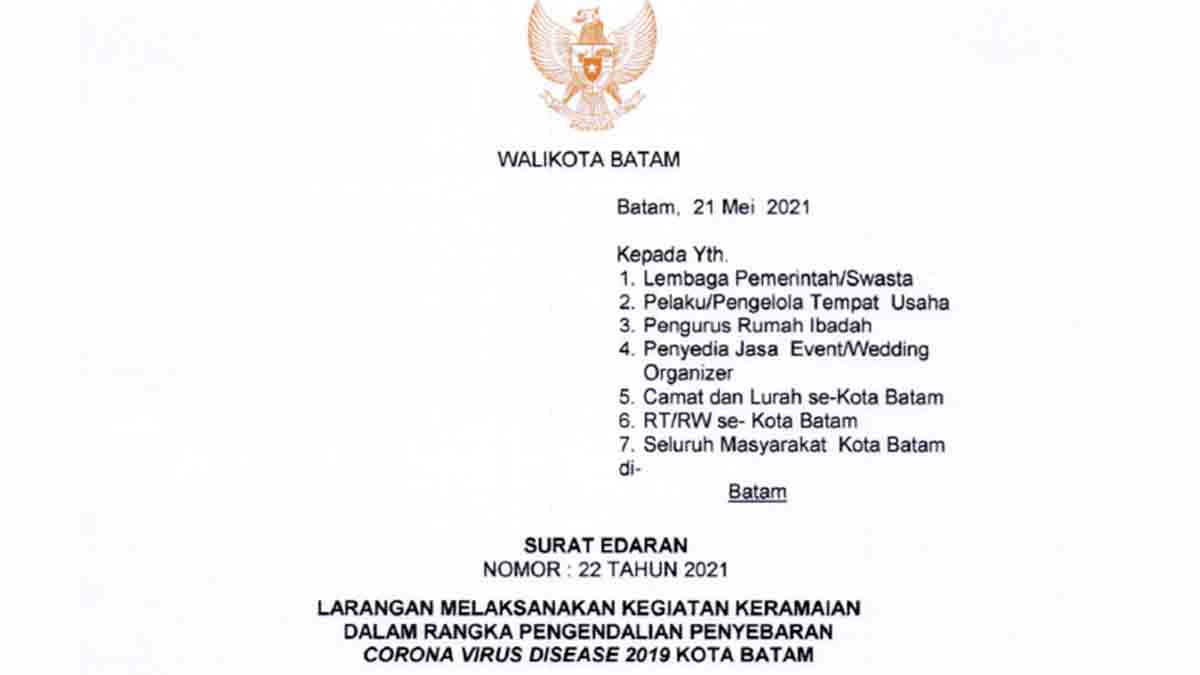 Surat Edaran Wali Kota Batam Nomor 22 Tahun 2021 (PDF)