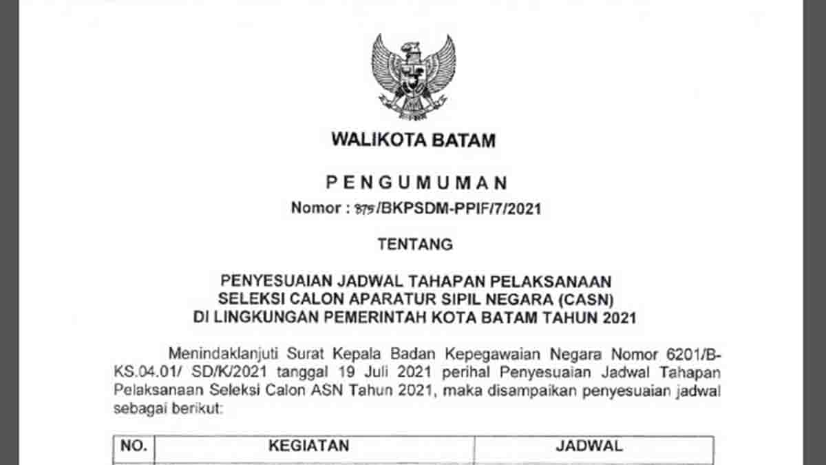 Pengumuman Perpanjangan Jadwal Seleksi CASN 2021 Kota Batam