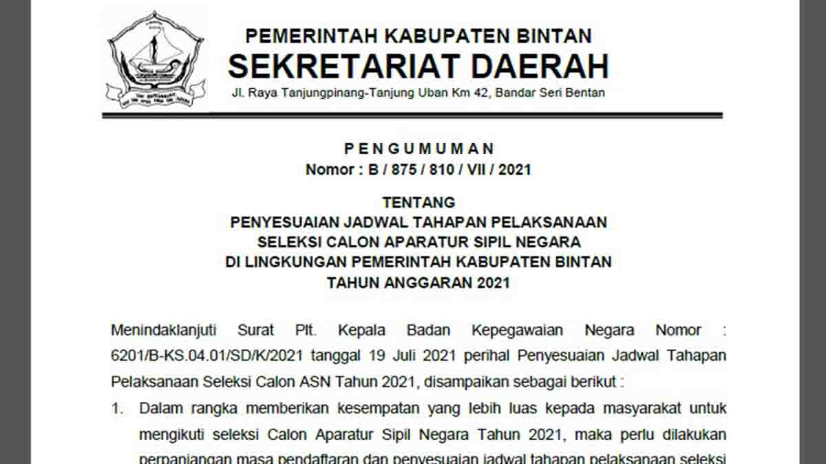 Pengumuman Perpanjangan Jadwal Seleksi CPNS 2021 Kabupaten Bintan