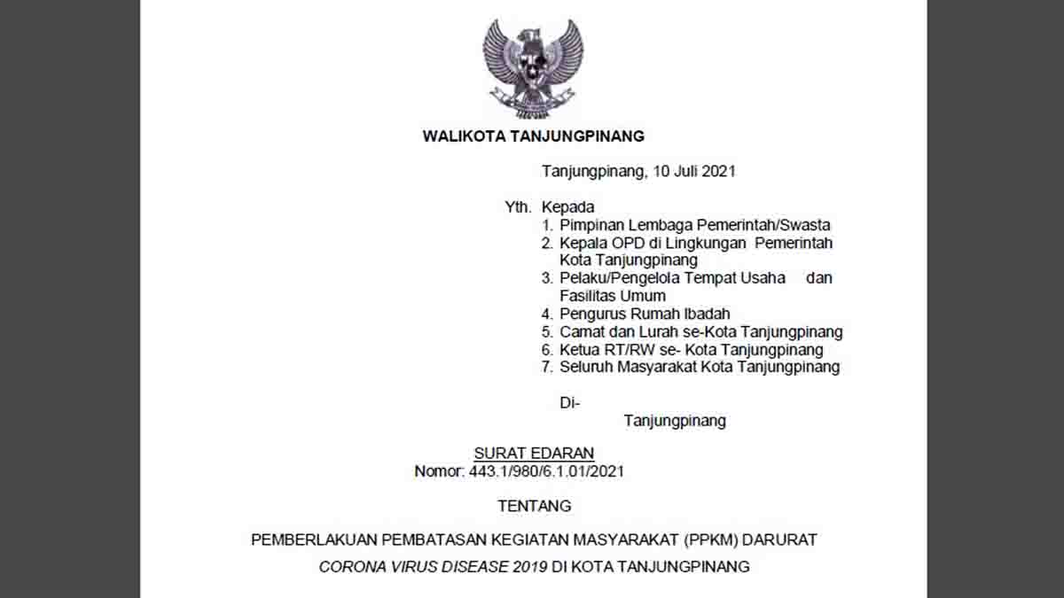 Rahma Keluarkan Surat Edaran PPKM Darurat Kota Tanjung Pinang