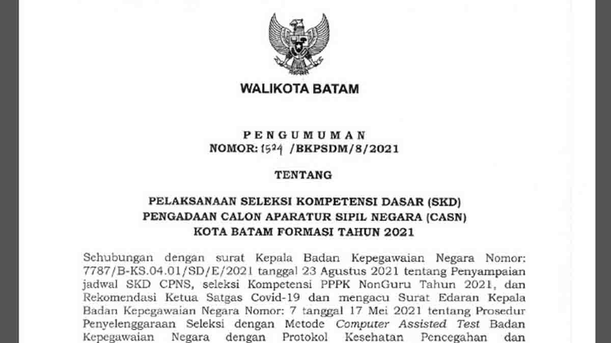 Jadwal SKD CPNS Pemko Batam Tahun 2021