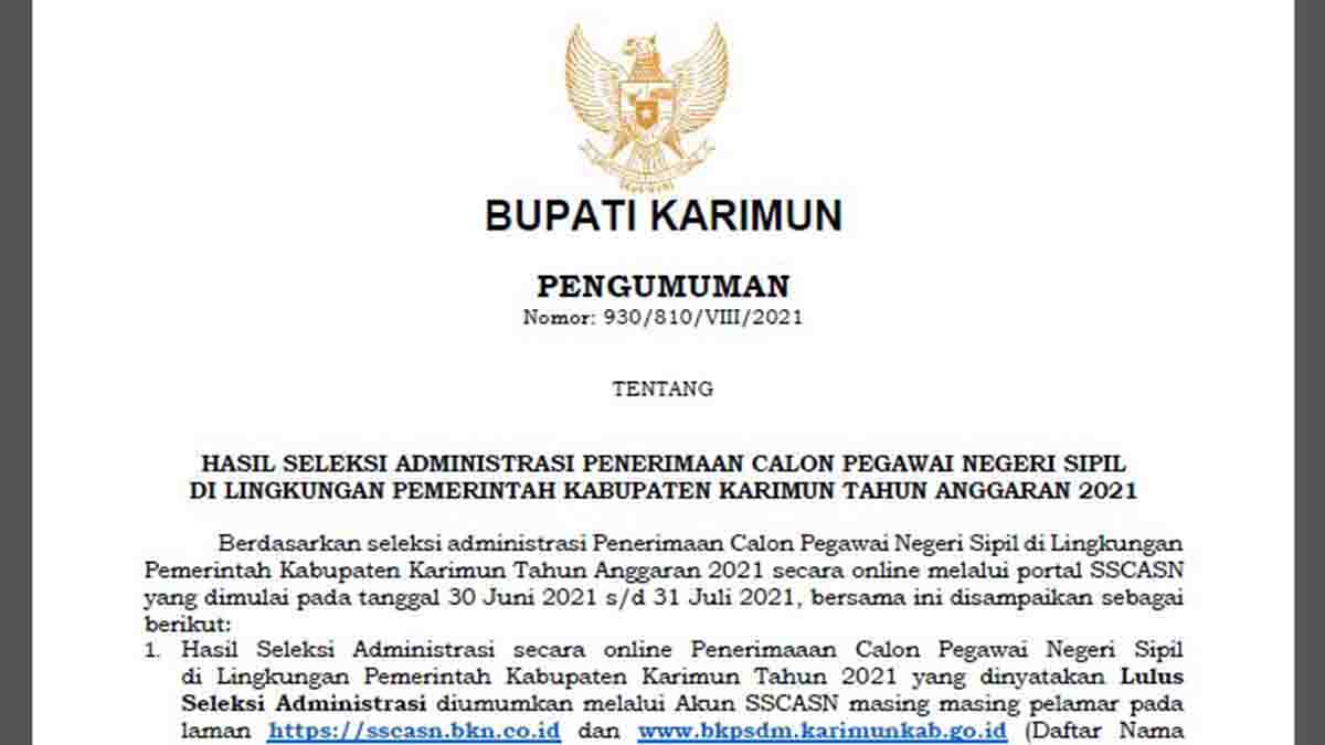 Nama-Nama Yang Lulus Seleksi Administrasi CPNS Pemkab Karimun Tahun 2021