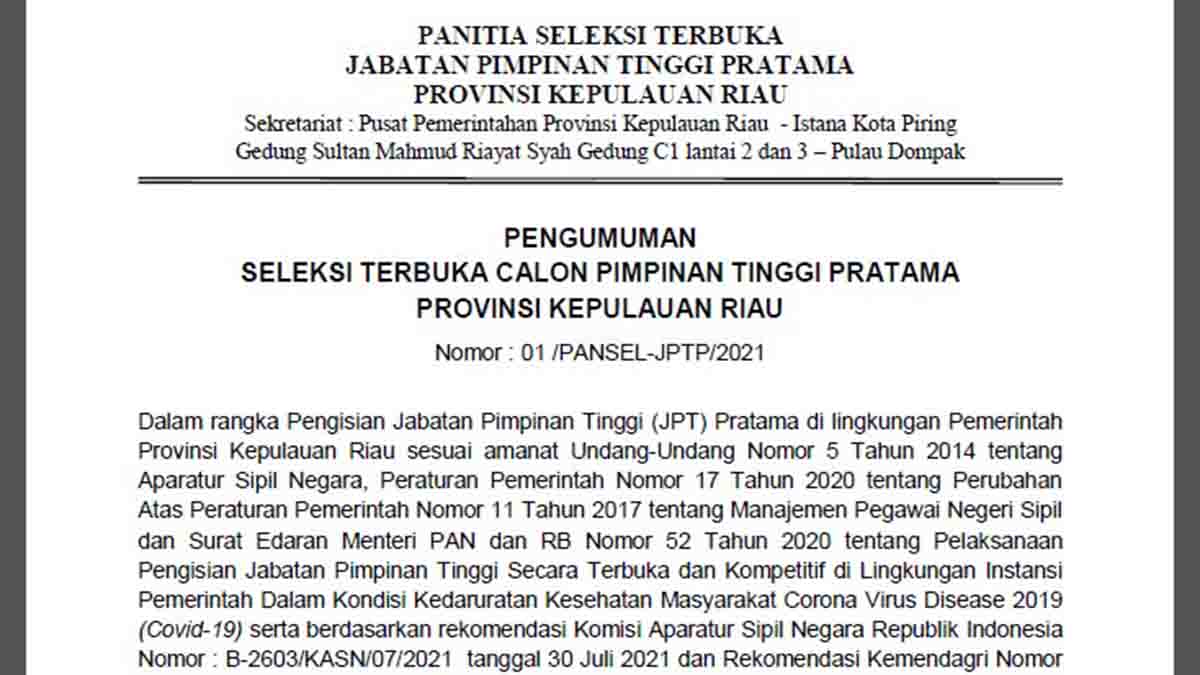 Pengumuman Seleksi Terbuka Calon Pimpinan Tinggi Pratama Provinsi Kepri (PDF)