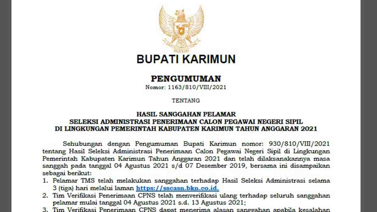 Hasil Sanggah Seleksi Administrasi CPNS 2021 Pemkab Karimun