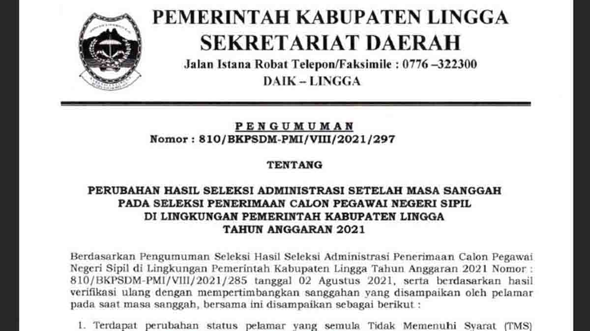Hasil Sanggah Seleksi Administrasi CPNS 2021 Pemkab Lingga