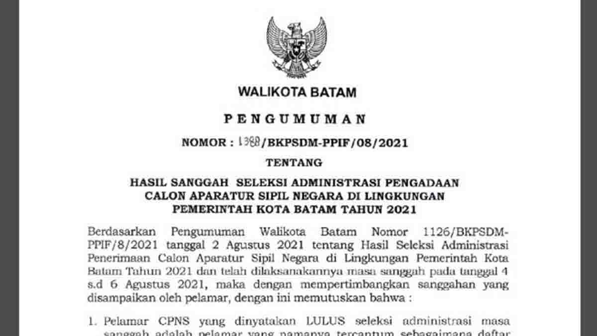 Hasil Sanggah Seleksi Administrasi CPNS 2021 Pemko Batam