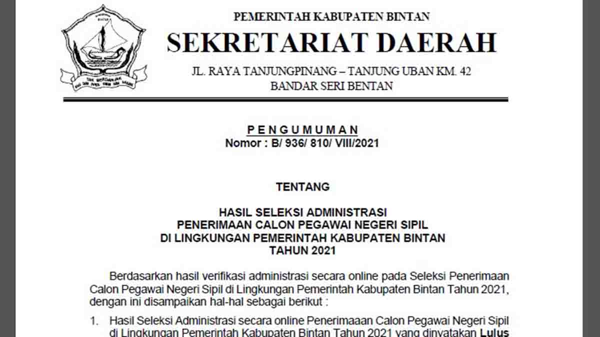 Pengumuman Hasil Seleksi Administrasi CPNS Pemkab Bintan Tahun 2021
