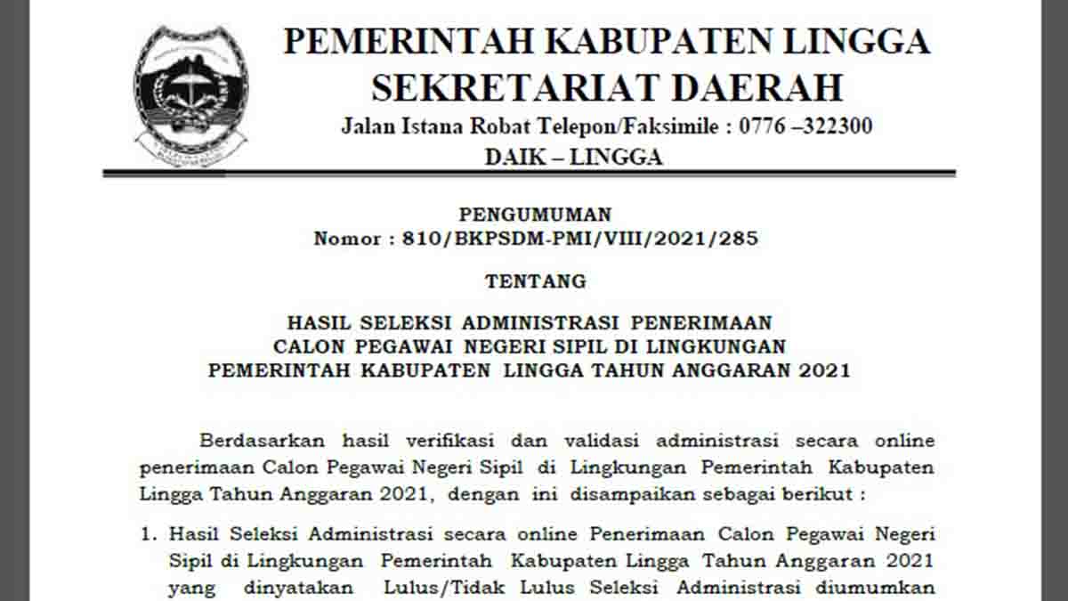 Pengumuman Hasil Seleksi Administrasi CPNS Pemkab Lingga Tahun 2021