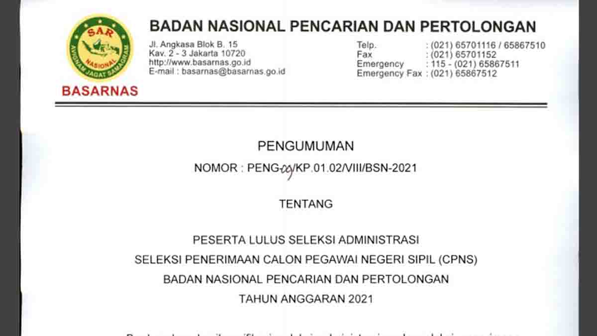 Pengumuman Lulus Seleksi Administrasi CPNS Basarnas Tahun 2021