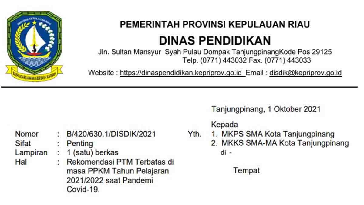 Disdik Kepri Keluarkan Surat Rekomendasi Pelaksanaan PTM Terbatas