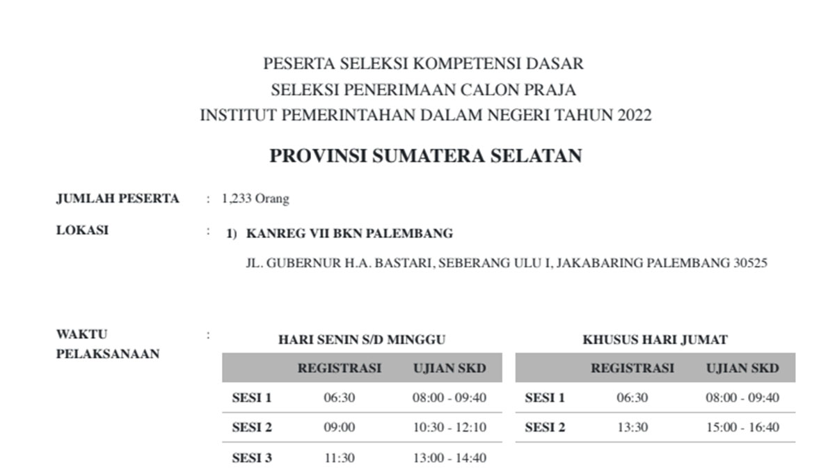 Jadwal Lengkap dan Lokasi Pelaksanaan SKD IPDN 2022 Provinsi Sumatera Selatan