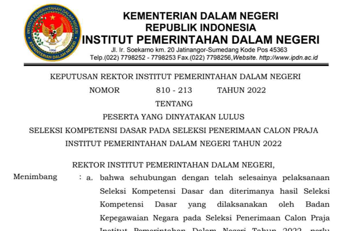 Surat Keputusan Rektor IPDN Tentang Peserta Lulus SKD Seleksi Penerimaan Calon Praja IPDN Tahun 2022