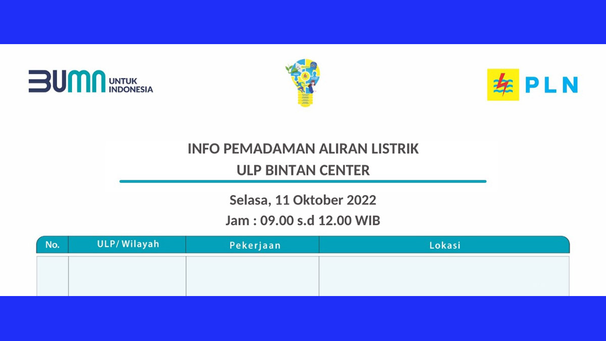 Jadwal Pemadaman PLN Tanjung Pinang Hari Ini, Selasa 11 Oktober 2022