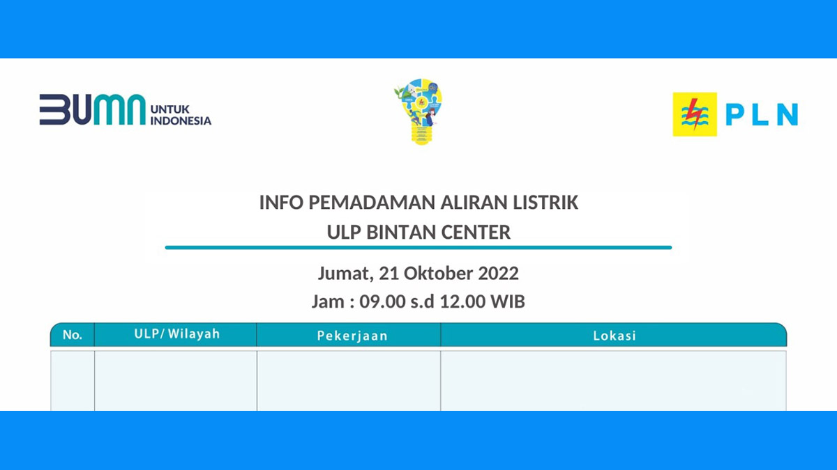 Jadwal Pemadaman PLN Tanjung Pinang, Hari Ini Jumat 21 Oktober 2022