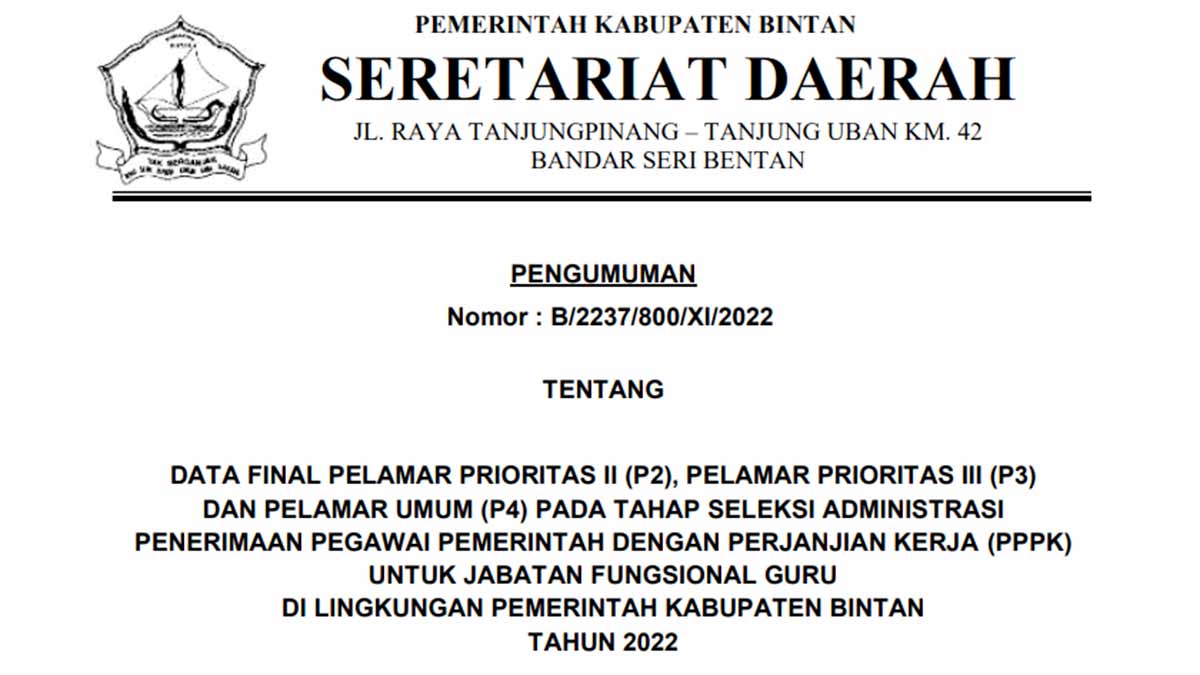 Cek Namanya Disini, Pengumuman Data Final Pelamar P2, P3 dan P4 Seleksi Penerimaan PPPK Guru Pemkab Bintan Tahun 2022