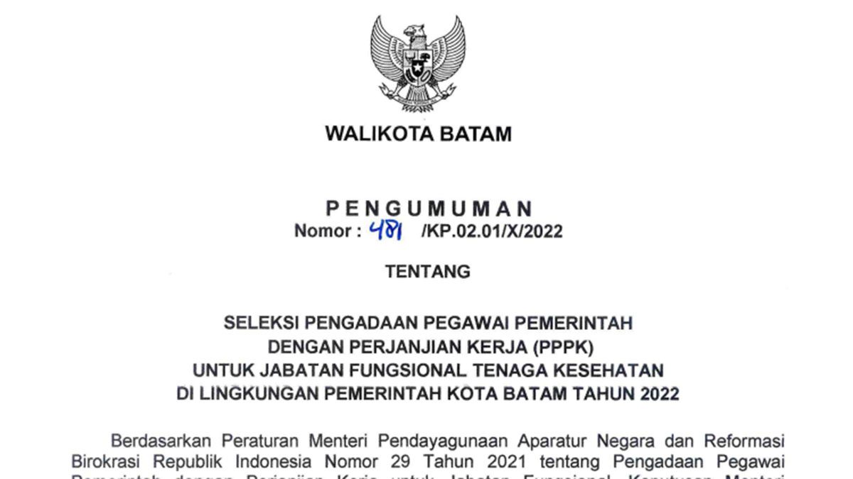 Pengumuman Seleksi PPPK Tenaga Kesehatan Pemko Batam Tahun 2022