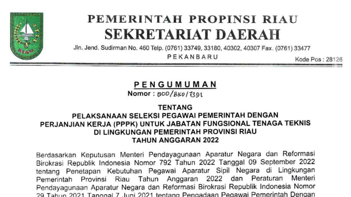 Seleksi Penerimaan PPPK Tenaga Teknis Provinsi Riau 2022, IPK Minimal 2,75 Terakriditasi BAN PT