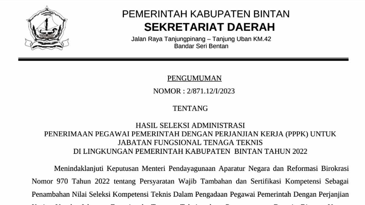 Pengumuman Lulus Seleksi Administrasi PPPK Teknis Pemkab Bintan 2022, Lihat Namanya Disini