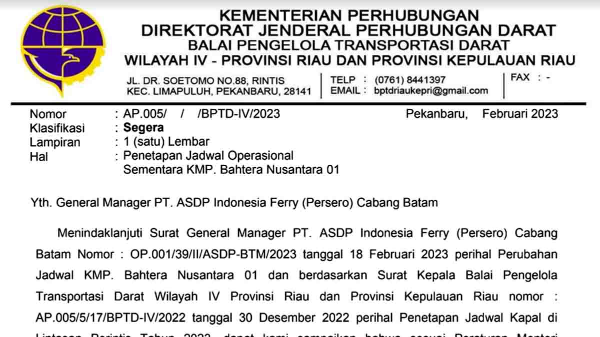 Jadwal Sementara Kapal KMP Bahtera Nusantara 01, Hingga 21 Februari 2023