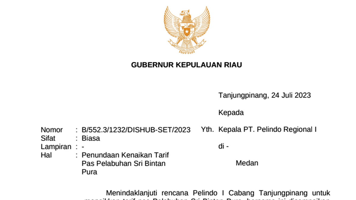 Ini Surat Gubernur Ansar Ahmad kepada Pelindo, Terkait Permintaan Penundaan Kenaikan Tarif Pas Pelabuhan SBP Tanjung Pinang