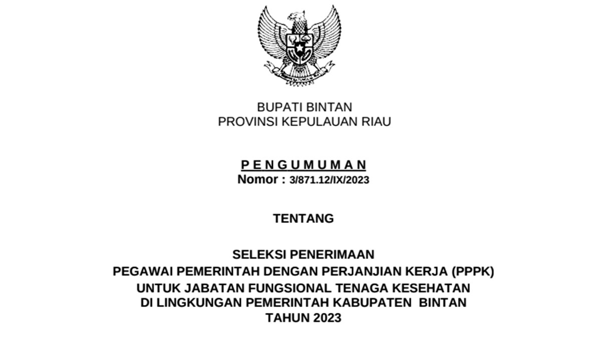 Pengumuman Seleksi Pppk Kesehatan Pemkab Bintan 2023 Lengkap Dengan