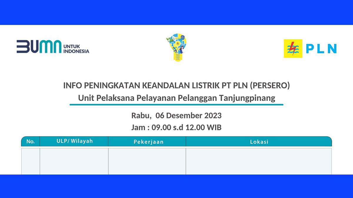Cek Jadwal dan Lokasi Pemadaman PLN Tanjung Pinang, Rabu 6 Desember 2023