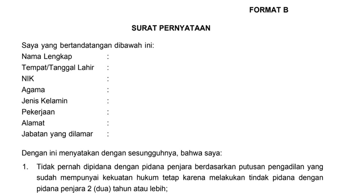 Contoh Surat Pernyataan Seleksi CPNS Pemerintah Kota Tanjung Pinang Tahun 2024 (PDF)