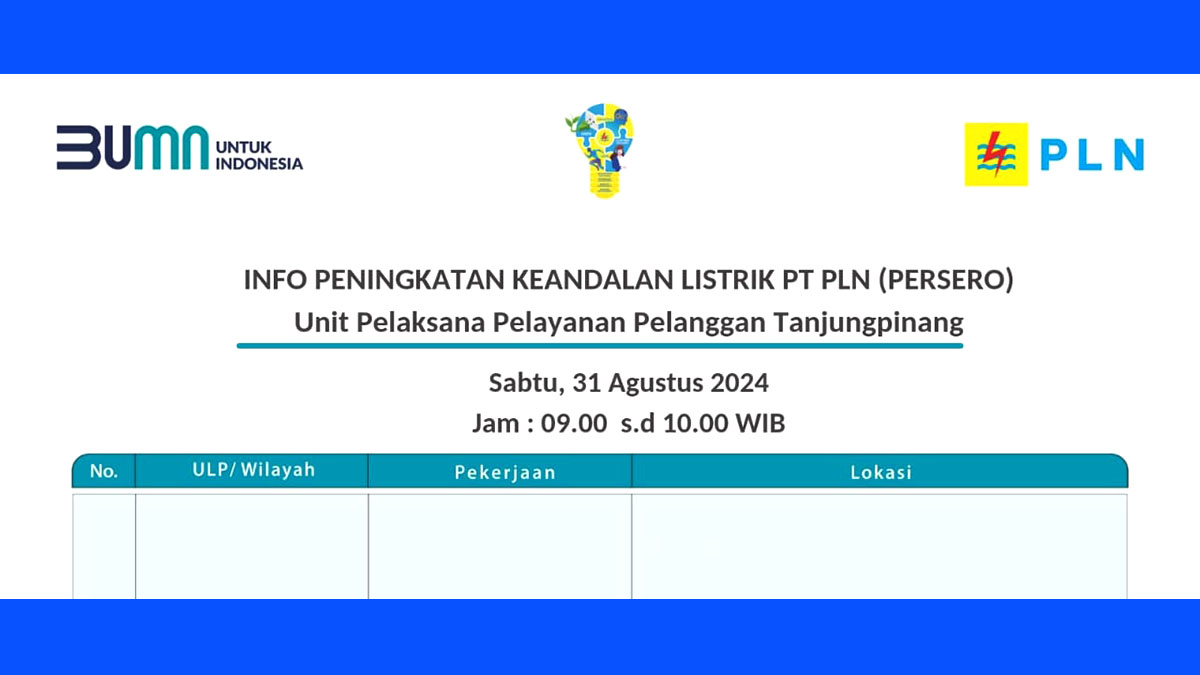 Pemadaman Listrik Sementara di Tanjung Pinang pada 31 Agustus 2024, Berikut Lokasi yang Terdampak